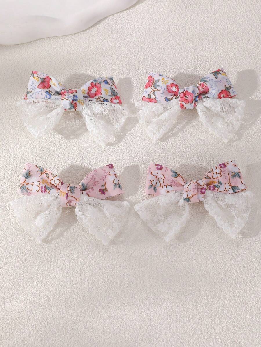 2pcs/4pcs Juego de pinzas para el cabello con lazo de malla floral para niñas, combinación adecuada para decoración diaria - Multicolor - Ver 1