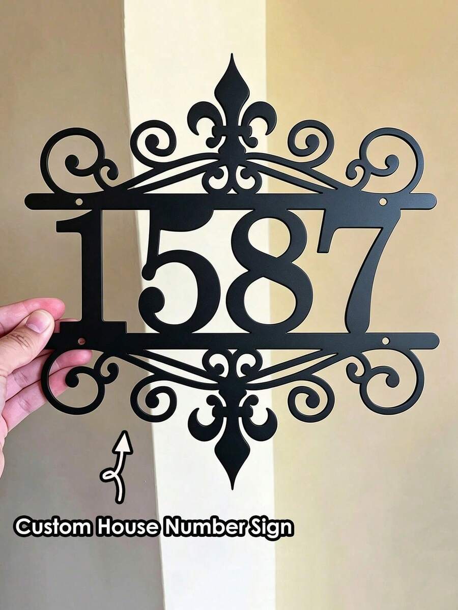 3 Sizes Available! Customized Metal Door Number Plate, Scroll/Baroque Style Front Door Number Plate - House Number Plate - Black - View 1