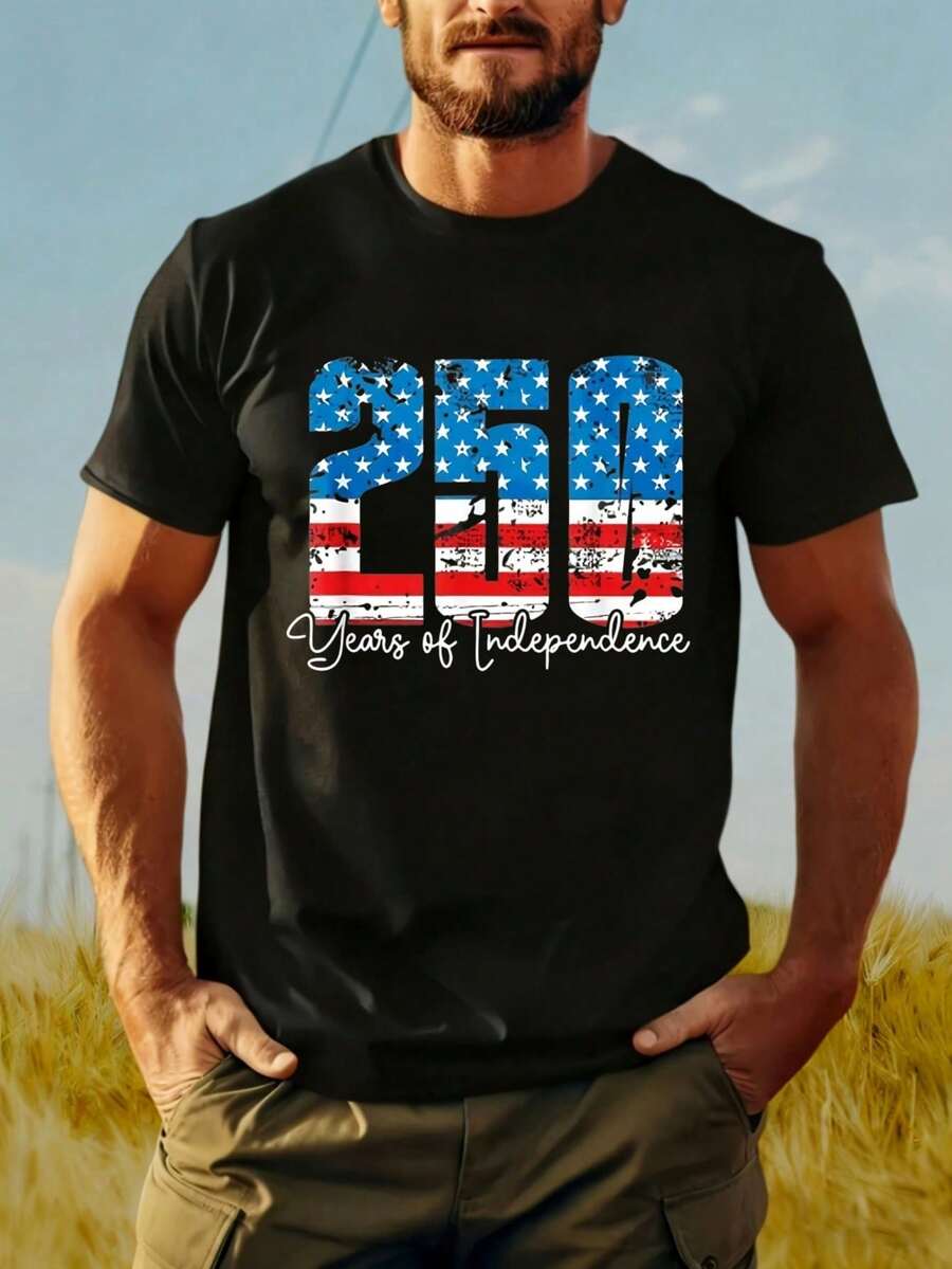 250th Anniversary Of US Independence T-Shirt - High Weight Pure Cotton, Retro American Flag Design With Number 250 - Unisex Clothing For 250th Anniversary Celebration - 黑色 - 查看 1