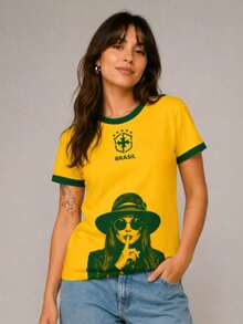 Brazil Football T-Shirt - Brazil Vs. Rita - New Release - Exclusive Print! - Yellow With Green Collar - View 2
