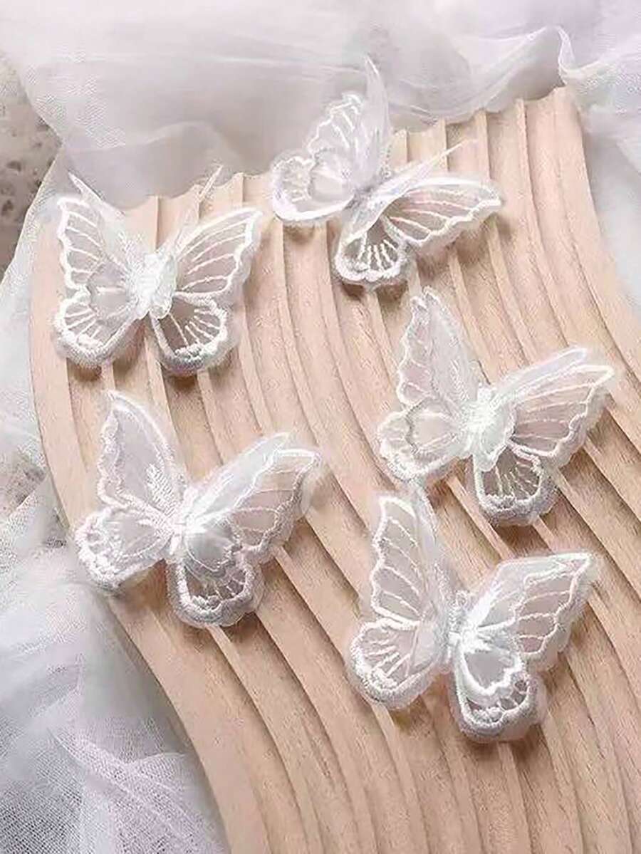 5件組白色3D蕾絲蝴蝶髮夾,透明硬紗刺繡髮夾,甜美仙女風女款髮飾,適合婚禮、派對與日常配戴,髮爪 - 白色 - 查看 1