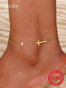 SYMFNY 1Pc 925 Sterling Silver Cross & CZ Anklet For Women, Minimalist Adjustable Foot Chain, Elegant Sparkly Beach & Daily Jewelry Gift - Anklets - View 1