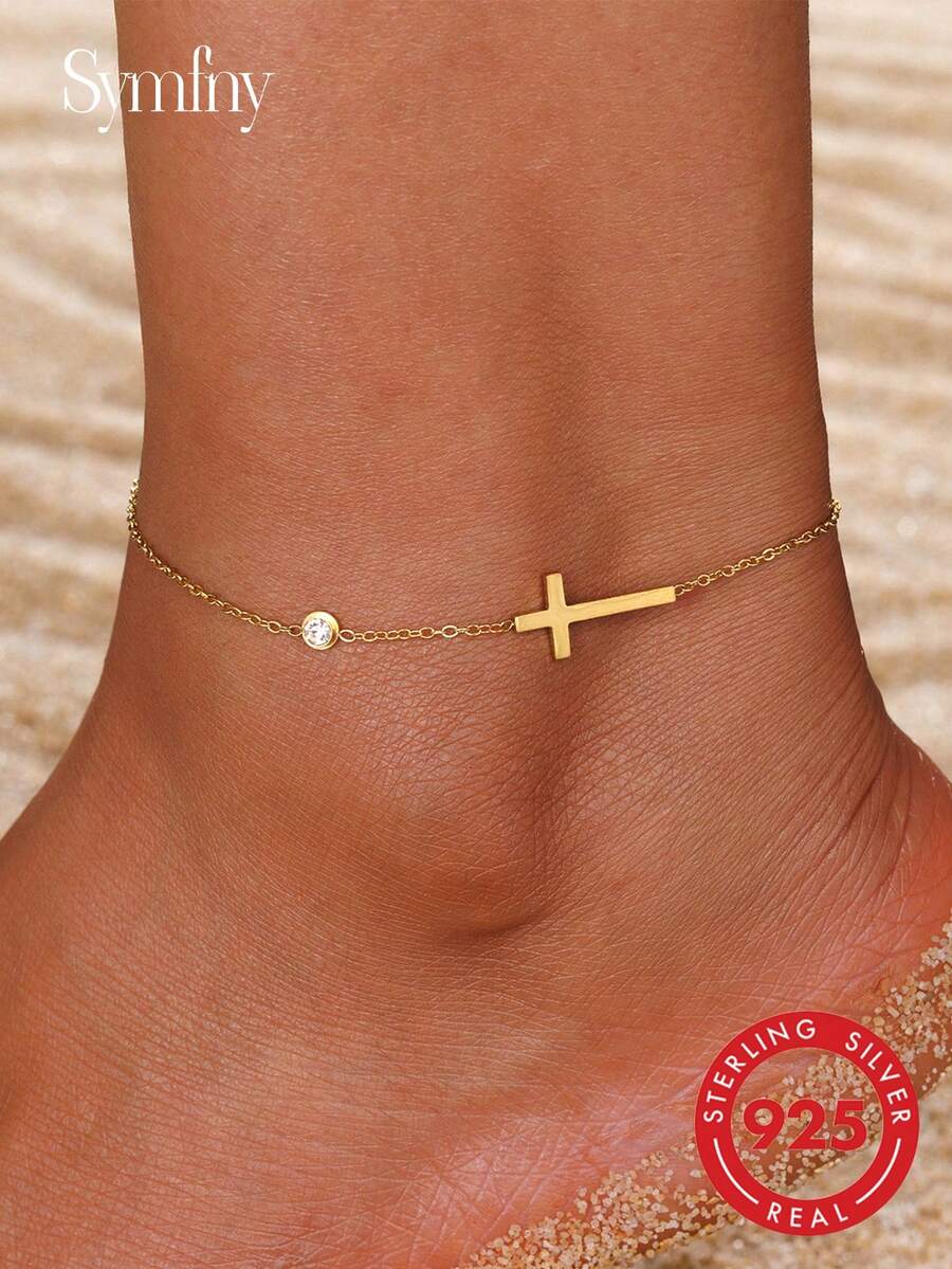 SYMFNY 1Pc 925 Sterling Silver Cross & CZ Anklet For Women, Minimalist Adjustable Foot Chain, Elegant Sparkly Beach & Daily Jewelry Gift - Anklets - View 1