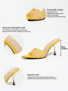 Sandalias de tacón alto para mujer con punta fina, color amarillo jengibre, forma de abanico, malla de encaje y adornos de strass, tacón tipo copa de vino, cómodas y premium, para discoteca, actividades al aire libre, zapatos de dama de honor para boda, zapatos de tacón alto para fiestas de sociedad y banquetes - Amarillo Mostaza - Ver 10