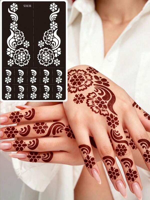 Hana Hand-Drawn Hollow Tattoo Template Floral Pattern Nail Art Tattoo - Sexy Floral Design, Suitable For Hands, DIY Painting, Ink, Reusable Mehndi Design Template Stickers