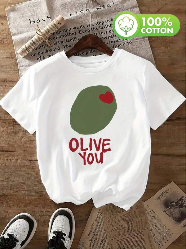 - Women's Casual Short-Sleeved, Round-Neck Cotton Shirt 2026 - Olive Green Top With "You Letter" Print, Breathable, Lightweight, Washable