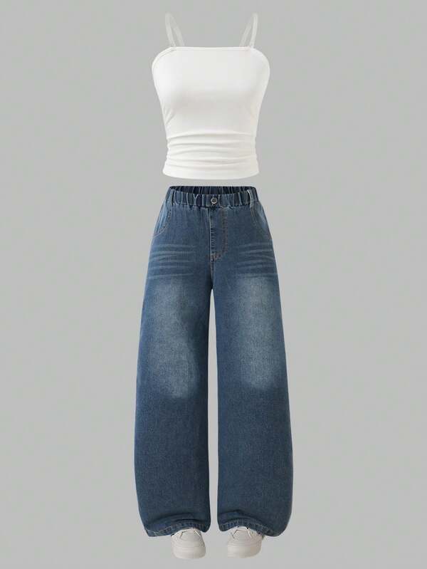Teenager Mädchen Sommer lässig einfarbiges vielseitiges Top mit abnehmbaren Trägern und weite Jeans Hose 2 Stücke Set
