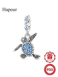 原裝 925 純銀藍色海龜塗鴉珠吊墜，鑲嵌藍色立方鋯石，女款珠寶禮物，適用於手鍊與項鍊 DIY - 銀色 - 查看 6