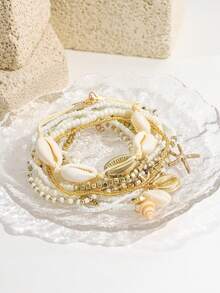 15PCS Bohemian Style Multi-Layer Shell & Starfish Anklet Set, Handmade Beaded Mixed Color Seed Bead Elastic Ankle Chains, Beach Vacation Layered Anklet Set For Women - Gold - View 4