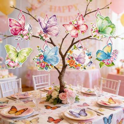 12pcs/Pack, 11.7*10.3cm Thick Waterproof Paper Hanging Decorative Tags, Fresh Watercolor Style Colorful Butterfly Floral Wreath Print, Hollow Butterfly-Shaped Design With Rope Hole, Writable Message Tags For Gift Packaging, Banquet Decor, Floral Arrangement, Party Scene Decoration
