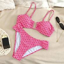 Elegant Women's Vacation Swimsuit Set, Overall Black And White Polka Dot Patchwork Design, U-Shaped Underwire Bust, Adjustable Shoulder Straps With Back Buckle And Backless Design, Side Pleated Pants, Suitable For Spring And Summer Beach Or Vacation - Hot Pink - View 7
