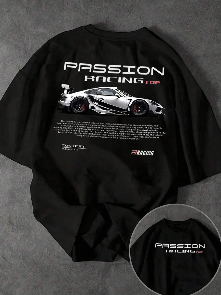 Camiseta de manga corta con cuello redondo y estampado casual para hombres - Blanco y Negro - Ver 1