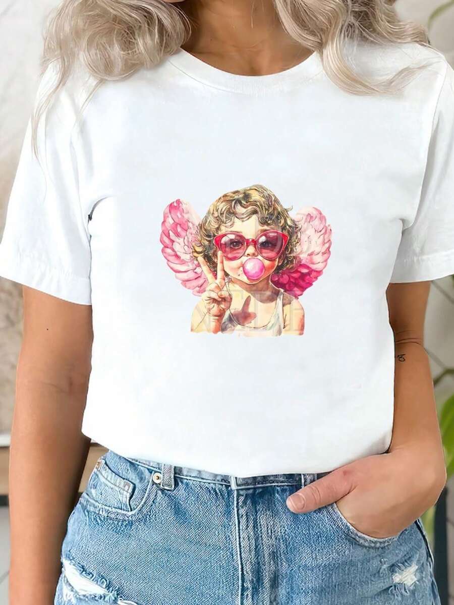 Women's Retro Cupid Graphic T-Shirt, 100% Crew Neck Short Sleeve Tee, Vintage Valentine's Day Casual Sporty Top, Breathable Knit Fabric, all Season Comfort Fit Tee For adult, Men, Women, Teen, Teenager, adolescent, Youth - Bianco - Visualizzare 1