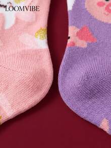 2 paires de chaussettes mi-mollet unisexes rose & violet avec motif de fée des dents de cochon de dessin animé, absorbantes, douces, respectueuses de la peau et respirantes, chaussettes mi-mollet décontractées style girly avec blocs de couleurs macaron, convenant pour les trajets quotidiens, les tenues de campus, cadeau de style doux & mignon - Multicolore - Voir 4