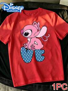 Cute "Lilo & Stitch" Couple's Short-Sleeve T-Shirt: Red "LOVE" Letter Print Versatile Casual T-Shirt,Family Matching Outfit,Disney Couple Outfits - 紅色1 - 查看 2