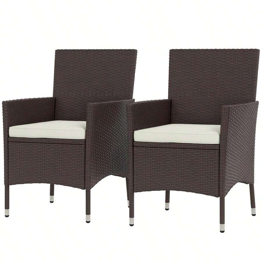 Outsunny 2 PCS Rattan Wicker Dining Chairs With Cushions And Anti-Slip Foot, Patio Stackable Chairs Set For Backyard, Garden, Lawn, Dark Coffee-XY939620 - 01-0594 - View 1