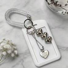 1pc Card Holder With Keychain - Cute And Practical Plastic Design, Suitable For Storing ID Cards, Credit Cards And Keys - Black And White Heart Pendant, Durable And Fashionable Women's Accessory - Heart-shaped Pendant + Spring + Card Holder - View 3