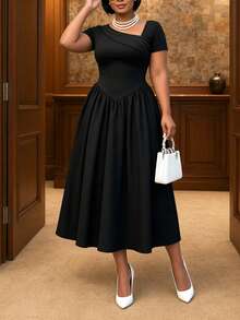 Women's Elegant Asymmetric Collar Fold Decor Short Sleeve Waist Flared A-Line Dress, Suitable For Dates, Work, And Commuting - Black - View 1