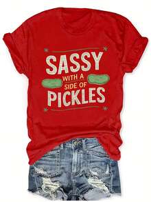 Simple And Versatile Design T-Shirt With Fun Pickle Print, Short Sleeve, Round Neck, Casual, Cotton For Women, Spring/Summer. - Red - View 1