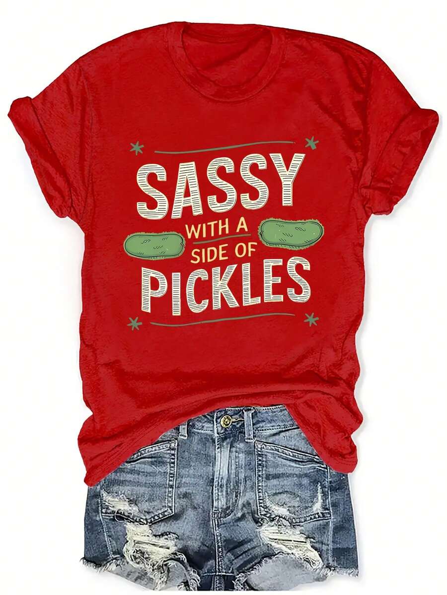 Simple And Versatile Design T-Shirt With Fun Pickle Print, Short Sleeve, Round Neck, Casual, Cotton For Women, Spring/Summer. - Red - View 1