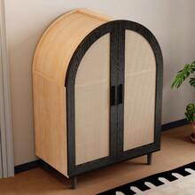 Elegant Sideboard/Shoe Cabinet With Rounded Exterior, Openwork Rattan Doors And Three Shelves. - 卡其色 - 查看 4