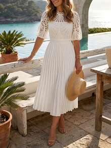 ChicMe Women's Lace Hollow Puff Sleeve Stand Collar Ruffle Midi Dress, Back Zipper Closure, Elegant For Party, Cocktail, Work And Casual Wear - White - View 7