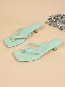 夏季新款方頭穆勒涼鞋，細高跟夾腳涼鞋，百搭細高跟夾腳拖鞋女款 - 綠色 - 查看 3