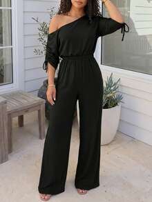 ChicMe Women's Oblique Collar Drawstring Cuff Elastic Waist Jumpsuit, Casual High Waist Wide Leg Jumpsuit, Elegant For Daily Office, Party Wear - Black - View 8