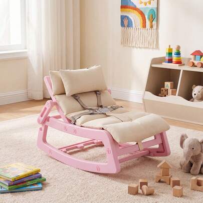 COSTWAY Kids Rocking Chair, Indoor Outdoor Toddlers Rocker With Adjustable Backrest, Removable Washable Cushion And Safety Harness For 6+ Months, Boys Girls Recliner For Patio Porch Playroom Bedroom, Grey/Beige/Pink