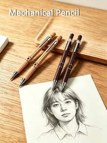 1pc/2pcs Automatic Pencil With Eraser, Wood Grain Design, Durable Lead, Non-Slip Rubber Grip, Office & School Supplies, Suitable For Sketching, Writing, Drawing, Back To School Pencil Set - Other - View 1