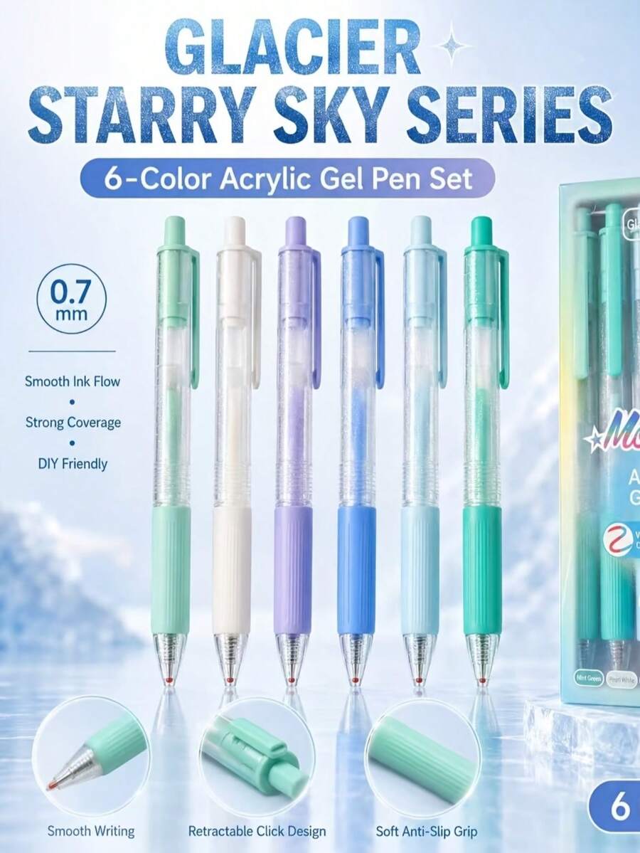 6 pezzi Penne gel acriliche creative con cielo stellato glaciale, penne a doppio uso da 0,7 mm, serie blu. Pittura, scrittura, scrapbooking, evidenziazione, colorazione, uso multi-scena. Bassa saturazione, confortevole per gli occhi, ritorno a scuola - Multicolore - Visualizzare 1