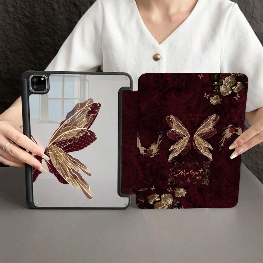 1件裝奢華酒紅與金色蝴蝶印花平板保護殼,附筆槽,相容 iPad 10.9/10.2/Air 5th Gen/Pro 11/10th Gen/9.7/Air 2/(7th Gen)/(8th Gen)/Air 4/5/Pro 11/10th Gen 10.9 吋 2022 智慧保護殼/Air 13(M3 2025)/Air 11(M3 2025)/Air 11(M3 2025)/11(A16 2025),相容 Matepad - 彩色 - 查看 1