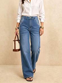 Jeans de cintura alta, color sólido, lavados con agua, pierna recta con bordado en los bolsillos que añaden un toque de elegancia, - Azul lavado medio - Ver 3