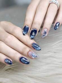 10 Peças Unhas Postiças Premium Estilo Francês Formato Amêndoa Médio-Longo 3D Olho de Gato com Folha de Ouro, Adequadas para Festa de Mulheres, Baile de Formatura, Uso Casual Diário, Removíveis e Reutilizáveis, Suprimentos de Arte de Unhas - Multicolorido - Visão 10