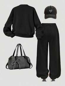 Young Girl Cartoon Letter Print Round Neck Long Sleeve Top And Pants - Black - View 2