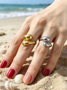 Summer Beach Fluid Asymmetric Water Drop Design Combination Rings, Metallic Gold & Silver Contrast Color, Adjustable Finger Rings, Shiny Metal Versatile Jewelry Gift, Random Style And Color - Multicolor - View 7