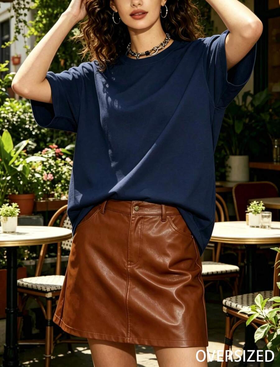 OVERSIZED-Women's 100% Cotton T-Shirt-Available In Multiple Colors,Suitable For Sports And Casual Wear-Summer Clothing-Summer Must Have-Women's Gift - 藏蓝色 - 查看 1
