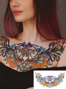Waterproof Lady Temporary Tattoo Sticker For Women, Colorful Chicano Chest Fake Tattoo, Long Lasting Body Art For Collarbone Chest Shoulder - Multicolor - View 5