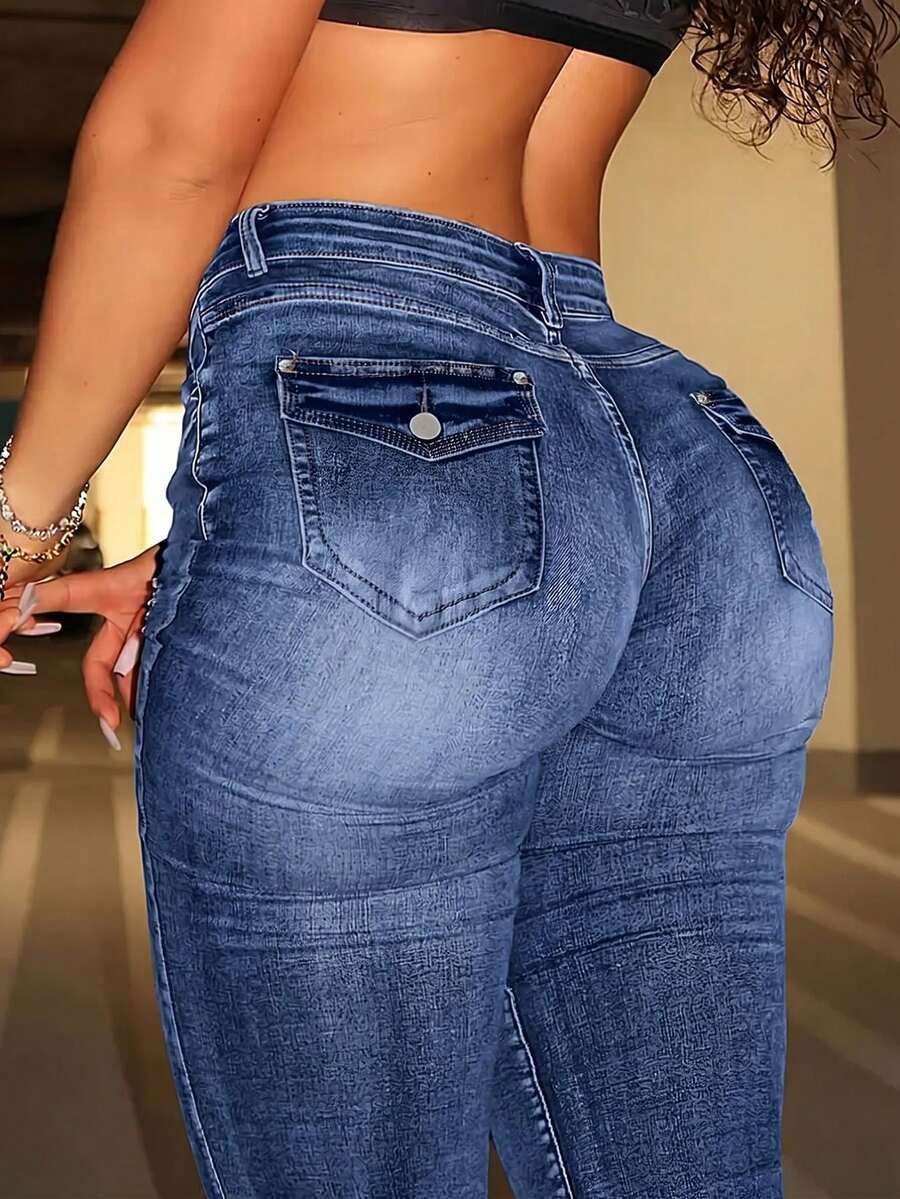 女款黑色百搭提臀牛仔褲,高彈力修身長褲,時尚優雅休閒褲 - 藍色 - 查看 1