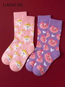 2 paires de chaussettes mi-mollet unisexes rose & violet avec motif de fée des dents de cochon de dessin animé, absorbantes, douces, respectueuses de la peau et respirantes, chaussettes mi-mollet décontractées style girly avec blocs de couleurs macaron, convenant pour les trajets quotidiens, les tenues de campus, cadeau de style doux & mignon - Multicolore - Voir 2