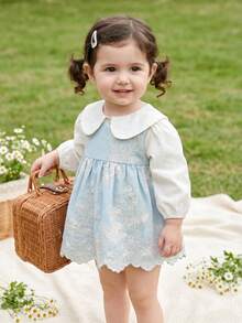 Baby Spring/Autumn New Solid Color Long Sleeve Bodysuit, Light Blue Lace Embroidered Peter Pan Collar 2-Piece Set, Baby Girl Crawler - Blue - View 2