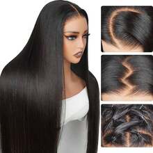 Parrucca liscia in capelli umani da 40 pollici con densità del 200%, parrucca frontale in pizzo HD brasiliano 13x6, parrucca frontale pre-sfoltita in capelli umani - Natural Black - Visualizzare 7