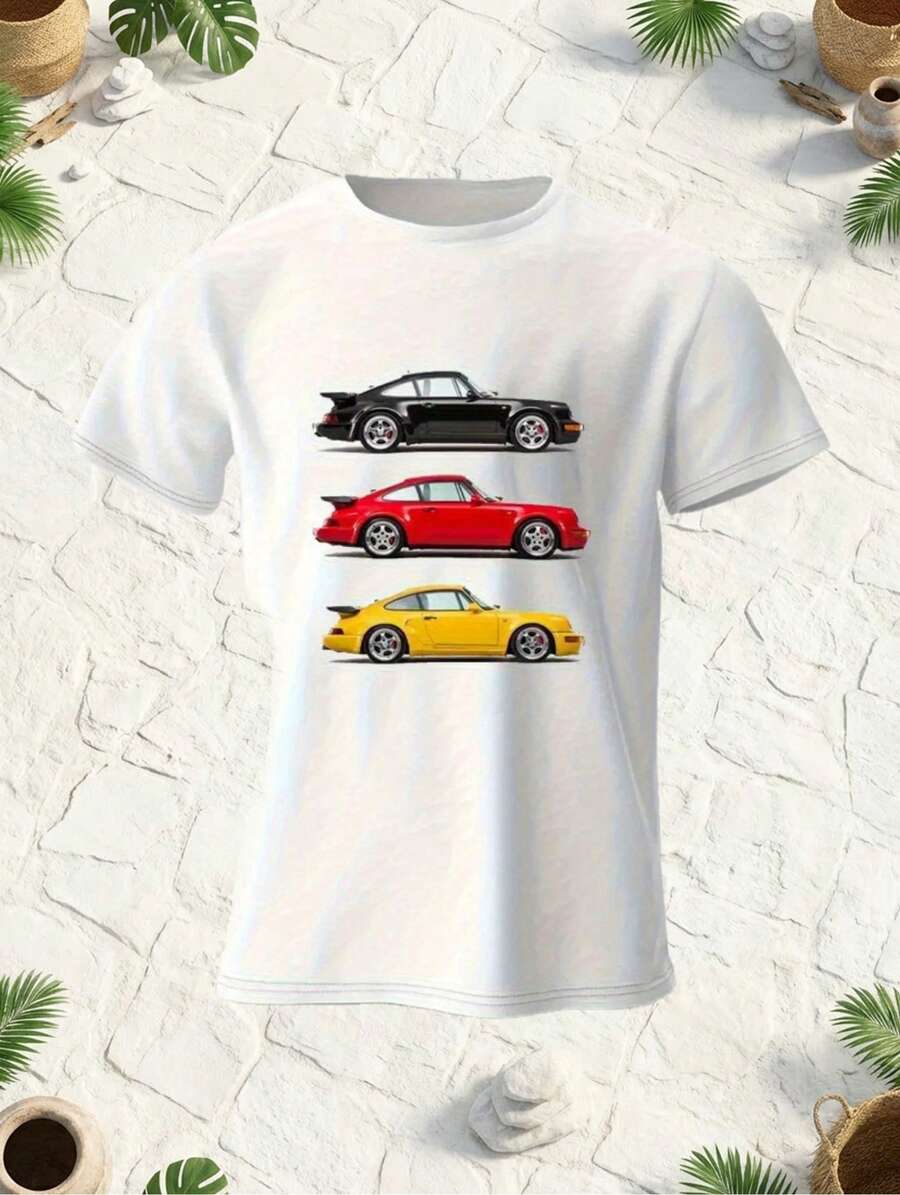 Classic Racing Print T-Shirt, Soft Short Sleeve T-Shirt, Comfortable Summer Top, Harajuku Urban Fashion Men's Clothing, For Car Enthusiasts, Suitable For Sports - 白色 - 查看 1