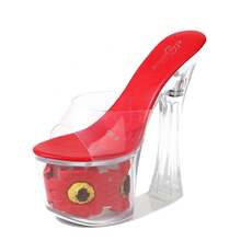 Floral-Filled Platform Sandals - Chic Transparent High-Heel Mules Available In Vibrant Multi-Colors For Summer Vacation & Kawaii Style - Red - View 2