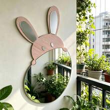 1pc 2D Flat Thin Wooden Wall Decor Mirror, Minimalist Cartoon Rabbit Pattern Print, Wooden Color + Mirror Surface, Rabbit Shaped Laser Cut, High Definition Mirror, Wall Hanging Art Mirror, Suitable For Kids Room, Bedroom, Living Room - Multicolor - View 7