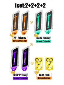 Taamyllrenz 1組超值 2x 28°隱私 + 2x 360°隱私 + 2x 霧面隱私螢幕保護貼 + 2x 鏡頭保護貼 適用於 iPhone 17 Pro Max/17 Pro/16 Pro Max/16 Plus 及更多機型 (15/14/13)，9H 硬度、防刮耐衝擊、防指紋、一鍵無塵安裝，適合辦公室/居家使用 - 2黑色+2綠色+2紫色+2片鏡頭膜/1set - 查看 14