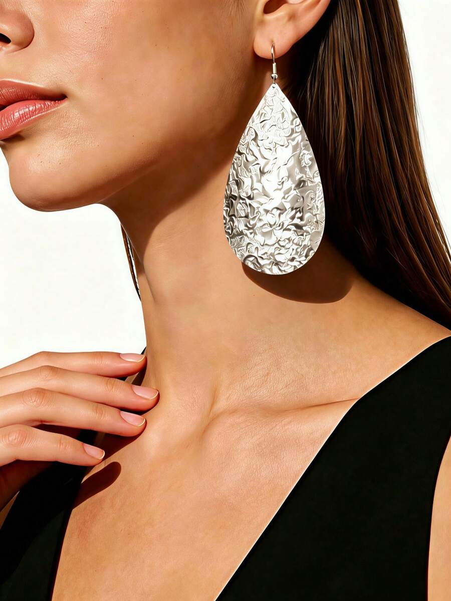 1 Pair Women's Fashion Minimalist Versatile Oversized Geometric Round Mesh Metallic Pendant Earrings - Silver Water Droplets - View 1