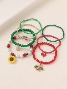 Juego de 7 pulseras elásticas de cuentas con colgantes de margarita, girasol, fresa y abeja, estilo bohemio pastoral de verano, personalizadas, versátiles, de moda, hechas a mano, perfectas como regalo para mujeres, adecuadas para bar, festival de música, fiesta grande, todas las estaciones, casual, ir al trabajo, vacaciones, compras, fotografía y uso diario - Girasol/Fresa - Ver 4