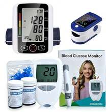 [Nuevo Modelo] Kit de Monitoreo de la Salud en el Hogar B: Monitor de Presión Arterial + Oxímetro Azul + Glucómetro Digital (Incluye 50 Agujas y 50 Tiras de Prueba) - 1 juego - 3 piezas - Ver 1