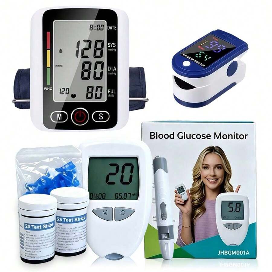 [Nuevo Modelo] Kit de Monitoreo de la Salud en el Hogar B: Monitor de Presión Arterial + Oxímetro Azul + Glucómetro Digital (Incluye 50 Agujas y 50 Tiras de Prueba) - 1 juego - 3 piezas - Ver 1